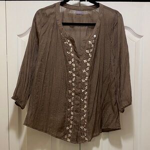 Laura Scott Brown Blouse with Floral Embellishments